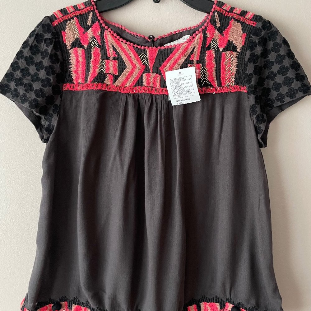 Anthropologie Embroidered Nerine Top Boho Peasant Blouse HD In Paris, 6P Petite